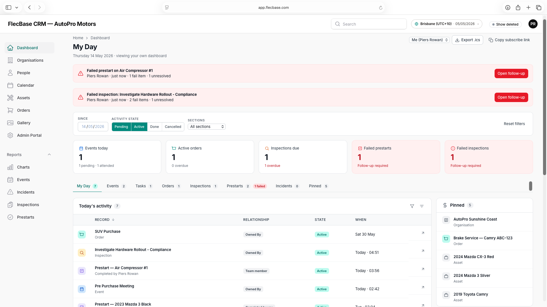 FlecBase office dashboard showing field captures syncing into the CRM in real time